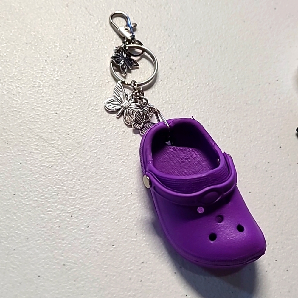 NEW silver tone keychain or bag charm Purple "crock"